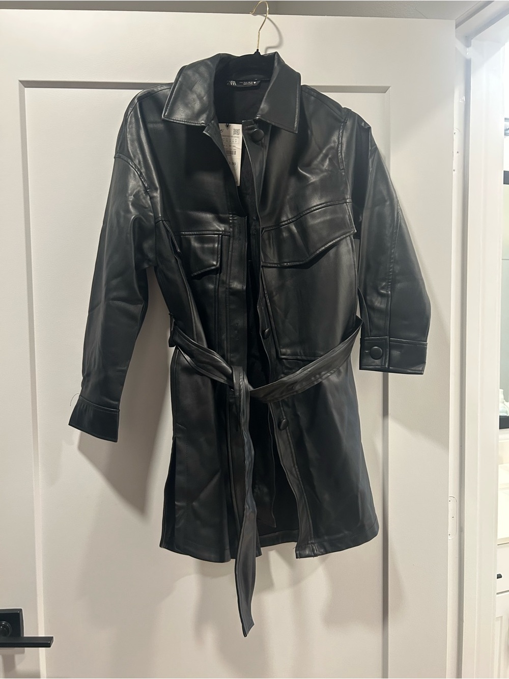 Zara Black Faux Leather Belted Trench Coat